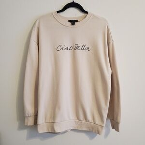 Forever 21 Ciao Bella Light Beige Embroidered Oversized Pullover Sweatshirt